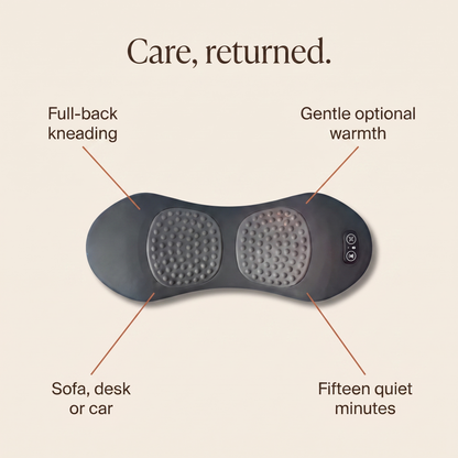 Benefits: full-back kneading, gentle warmth, works on sofa, desk or car, fifteen quiet minutes