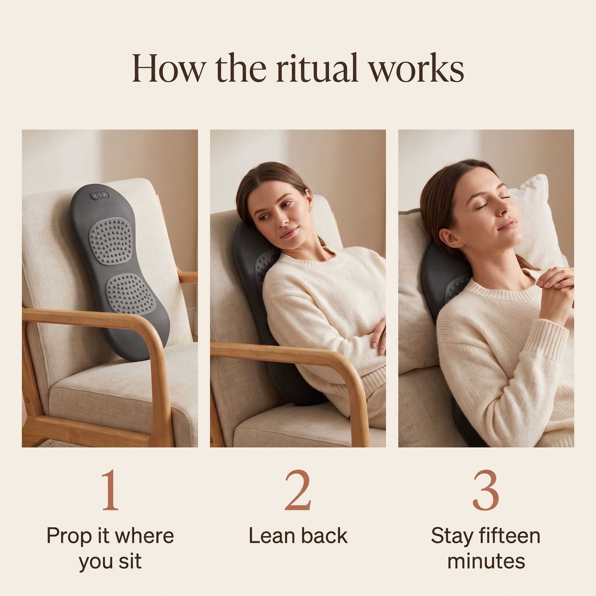 How it works: prop it where you sit, lean back, stay fifteen minutes