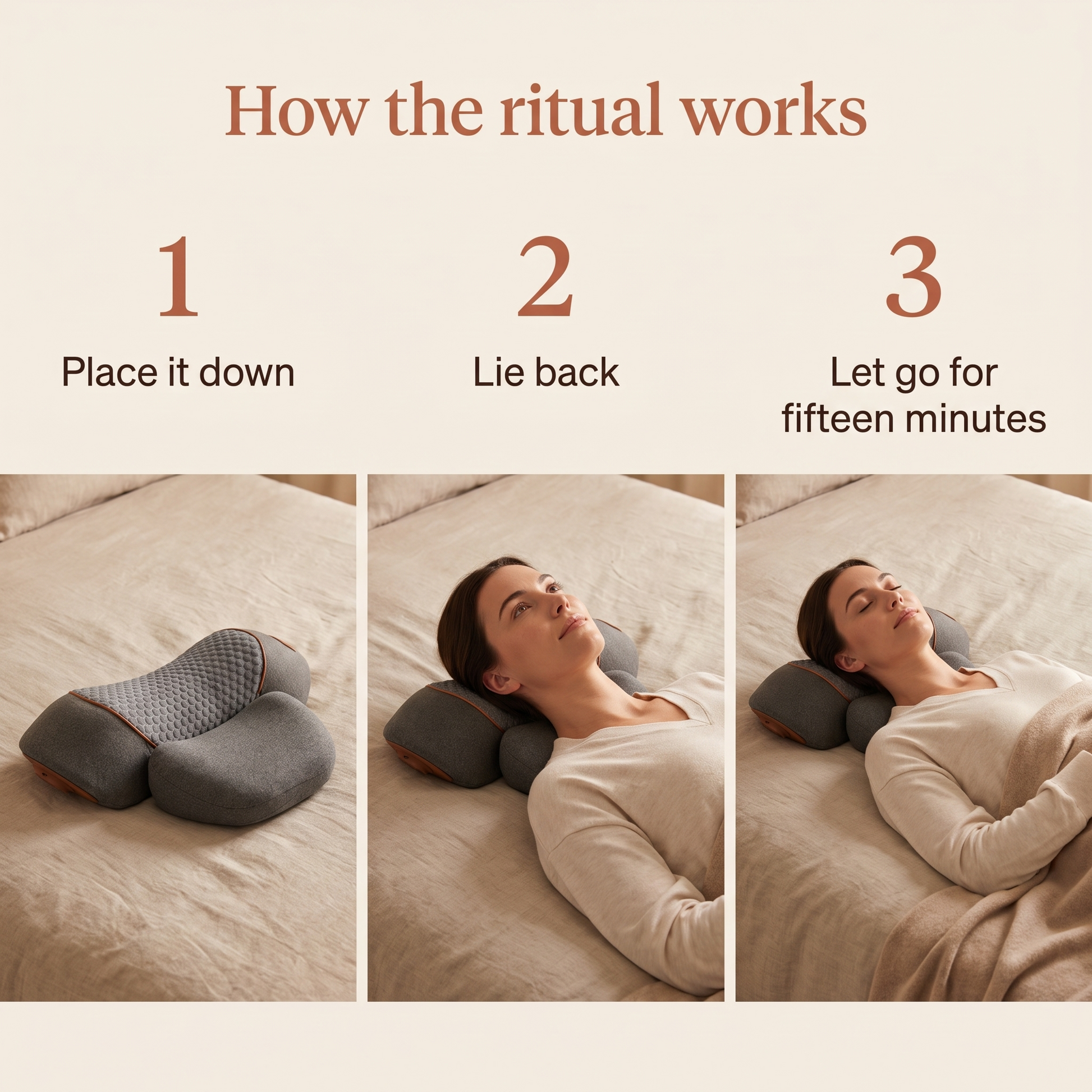 How it works: place it down, lie back, let go for fifteen minutes