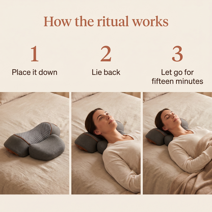 How it works: place it down, lie back, let go for fifteen minutes