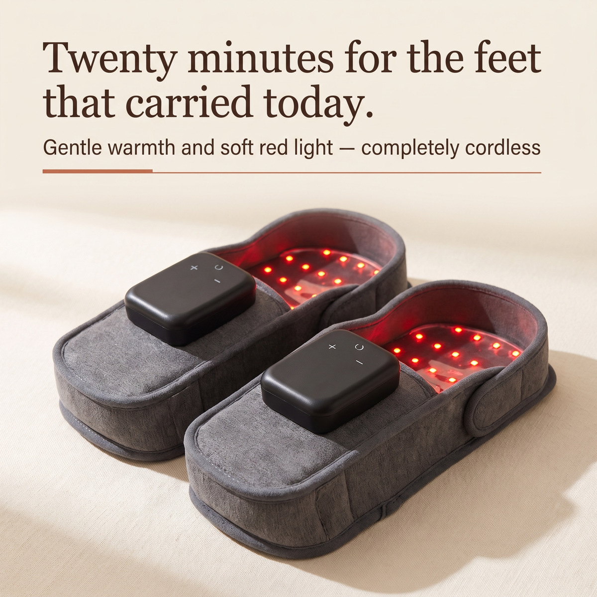 Twenty minutes for the feet that carried today — gentle warmth, completely cordless