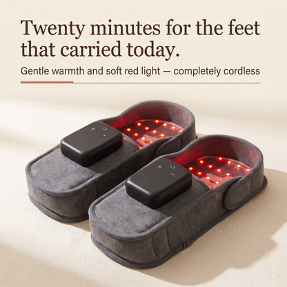 Twenty minutes for the feet that carried today — gentle warmth, completely cordless