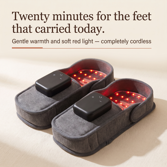 Twenty minutes for the feet that carried today — gentle warmth, completely cordless