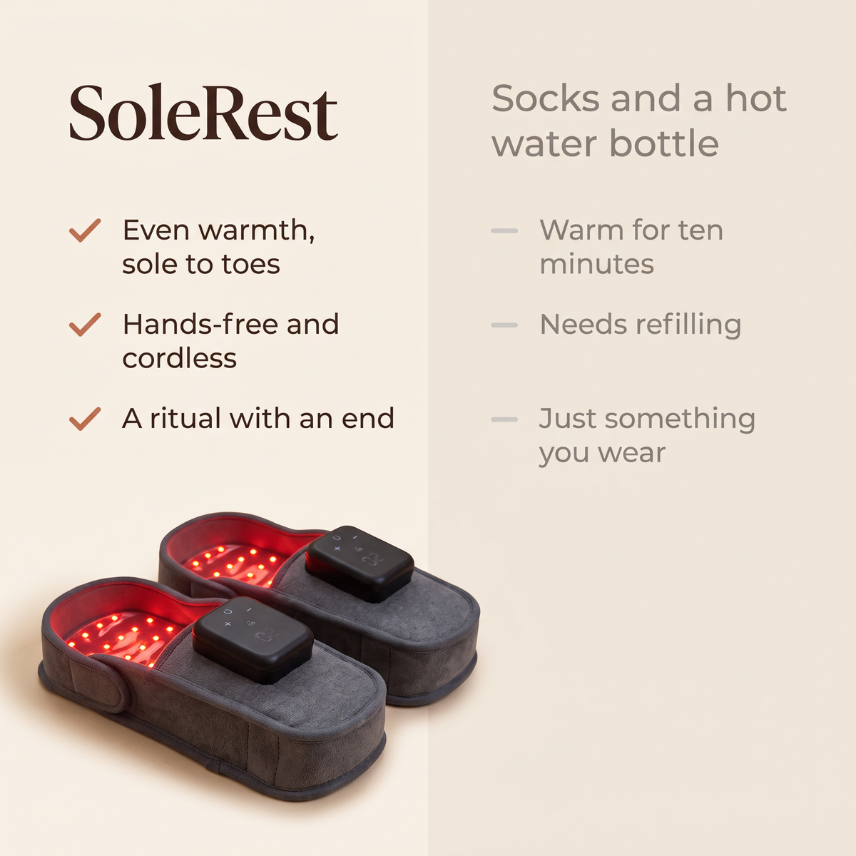SoleRest compared with socks and a hot water bottle