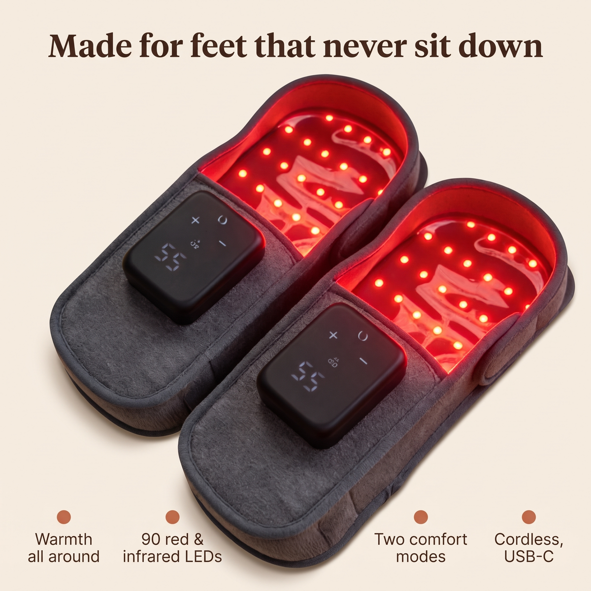 Warmth all around, 90 red and infrared LEDs, two comfort modes, cordless USB-C