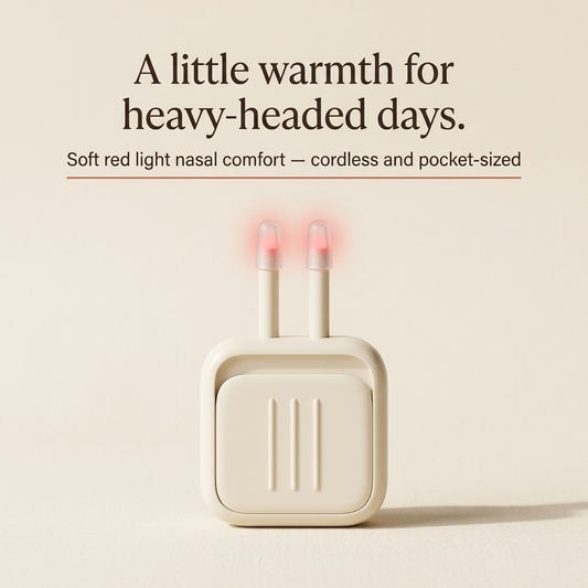 SINORA red light nasal comfort device on a warm cream background