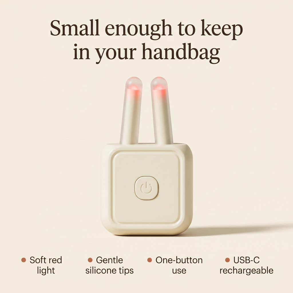 SINORA features: soft red light, gentle silicone tips, one-button use, USB-C rechargeable