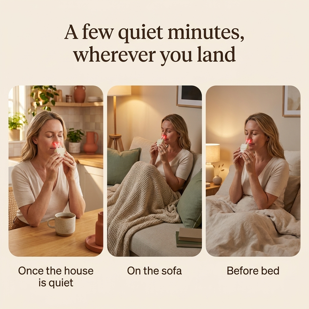 Woman using SINORA at the kitchen table, on the sofa and before bed
