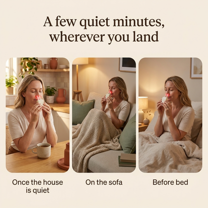 Woman using SINORA at the kitchen table, on the sofa and before bed