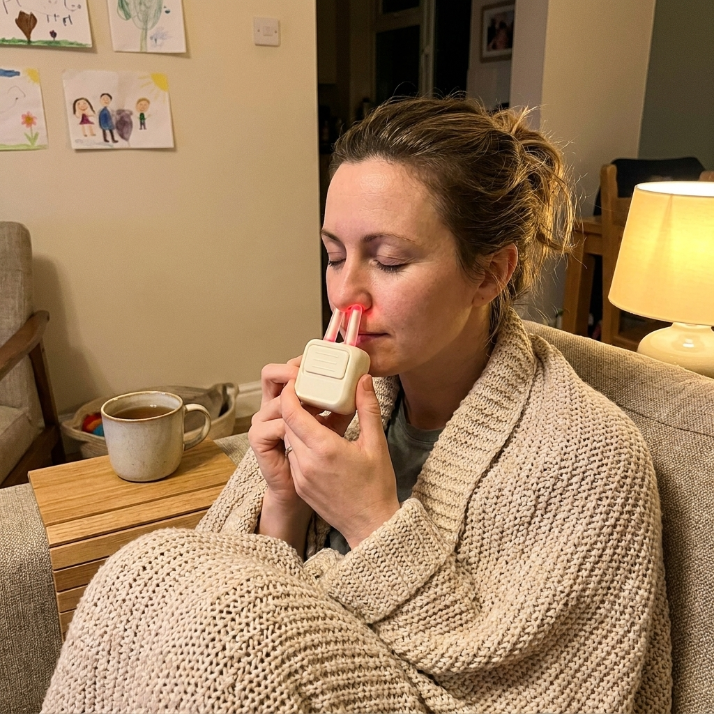 Woman resting on the sofa in the evening using SINORA
