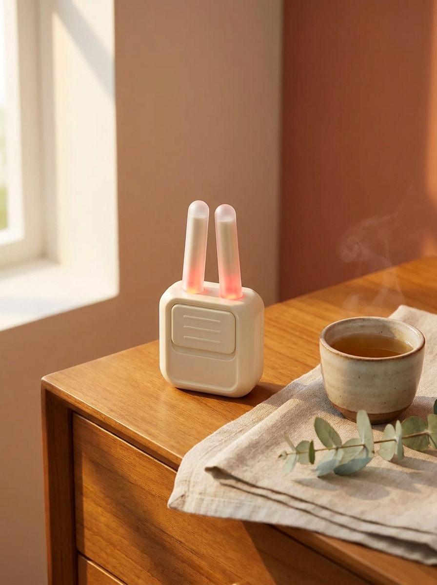 SINORA standing on a bedside table beside tea and eucalyptus