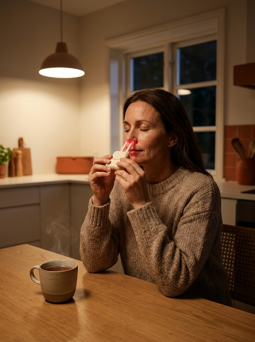 Woman resting at the kitchen table in the evening using SINORA