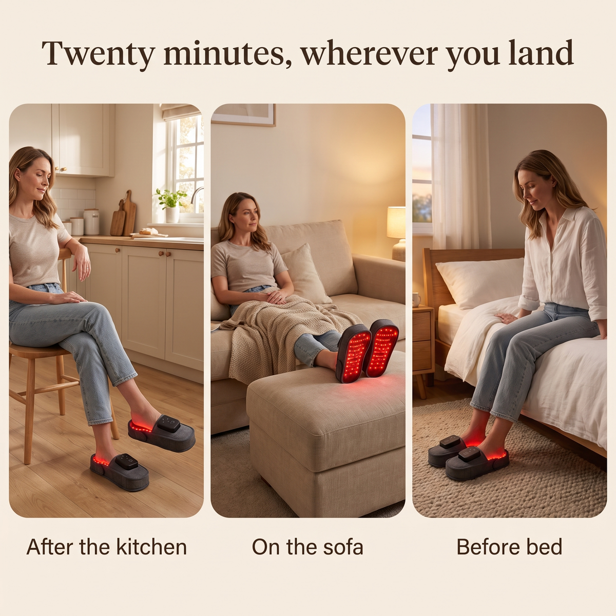 Wearing SoleRest after the kitchen, on the sofa, and before bed